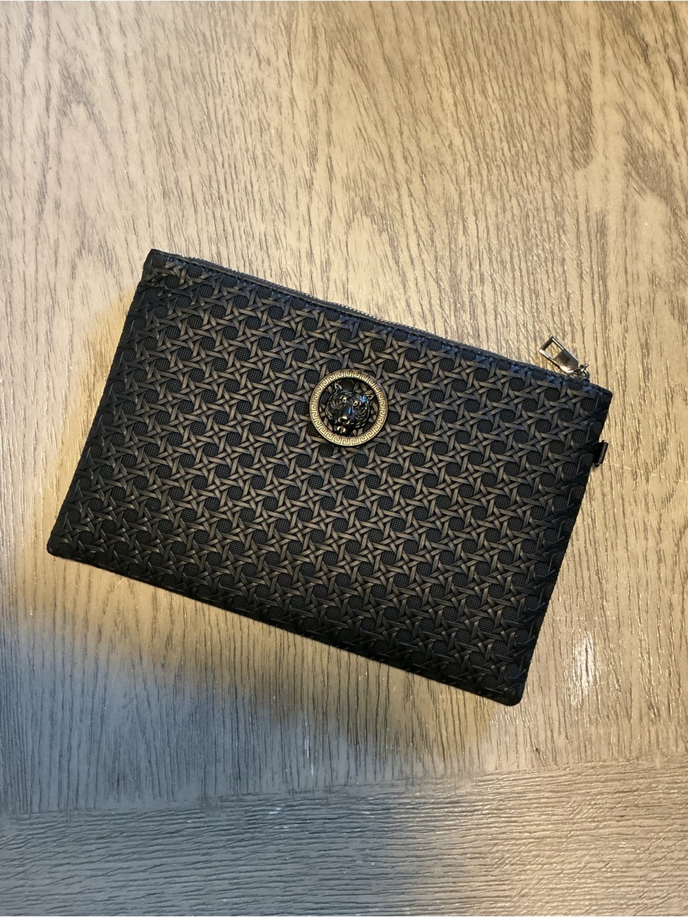 Versace Black Woven Leather Zip Clutch with Gold Medallion
